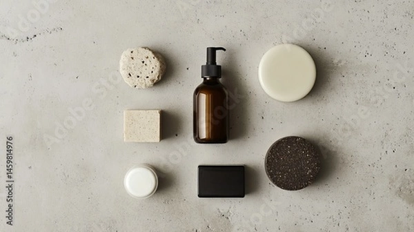 Obraz Eco-friendly bath products arranged on a light gray surface.  Natural skincare.
