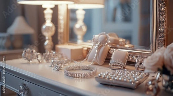 Obraz Elegant jewelry and accessories are arranged on a dressing table.  The display is stylish and beautifully lit.
