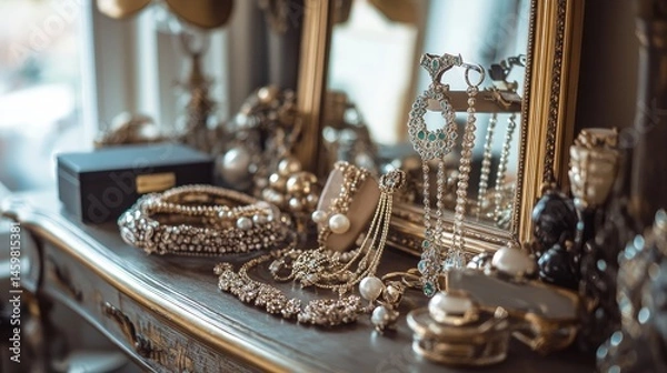 Obraz Elegant jewelry and accessories are arranged on a dressing table.  The display is stylish and beautifully lit.
