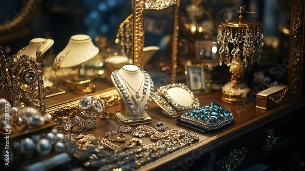 Obraz Elegant jewelry and accessories are arranged on a dressing table.  The display is stylish and beautifully lit.
