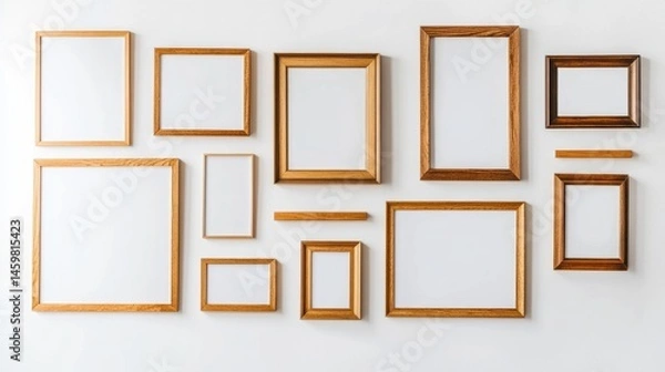 Obraz Empty picture frames of various sizes (50x70cm, 20x28cm, A3, A4) in a simple wooden frame against a white wall. Perfect for showcasing text or products.
