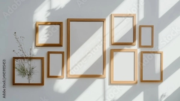 Obraz Empty picture frames of various sizes (50x70cm, 20x28cm, A3, A4) in a simple wooden frame against a white wall. Perfect for showcasing text or products.
