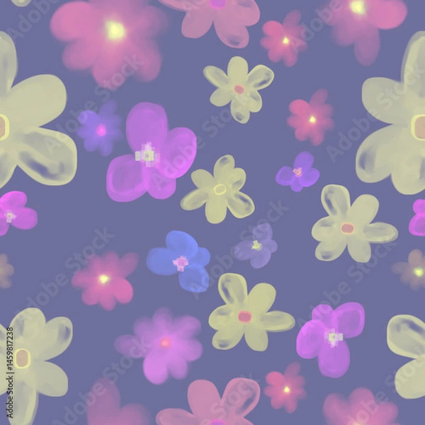 Fototapeta Digital seamless pattern of colorful naive flowers on a violet background
