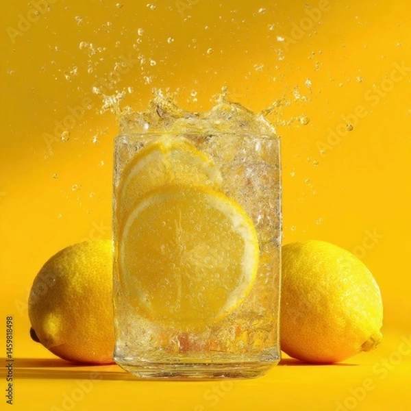 Fototapeta Glass of sparkling lemonade with citrus pulp suspended inside
