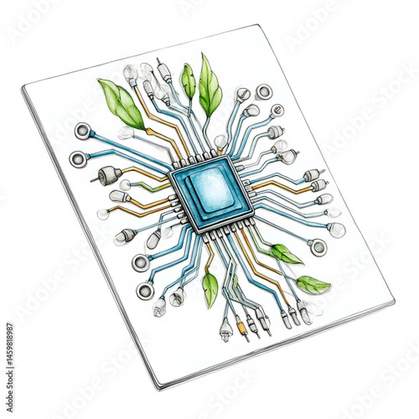Fototapeta An artistic rende of a microchip merging with organic green leaves.
