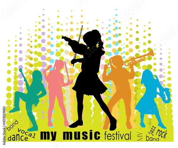 Fototapeta Children musicants silhouettes with music elements on bright background. Vector illustration.	
