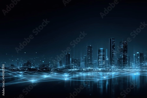 Fototapeta A futuristic city skyline at night with glowing blue digital network lines connecting buildings.