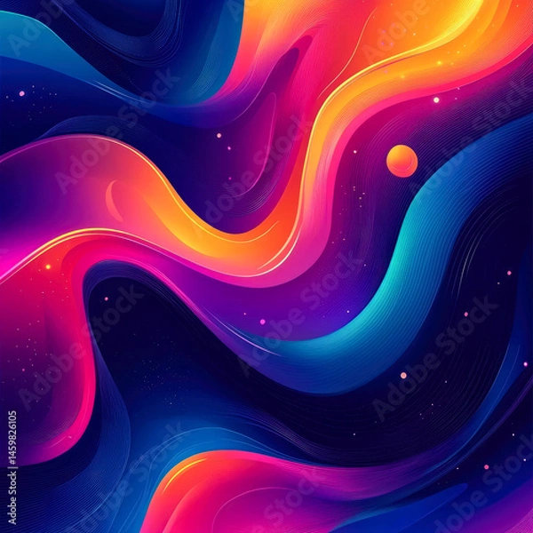 Fototapeta Vibrant abstract waves of neon color flow across a cosmic starry background. Digital art, technology, design, or futuristic-themed creative projects.