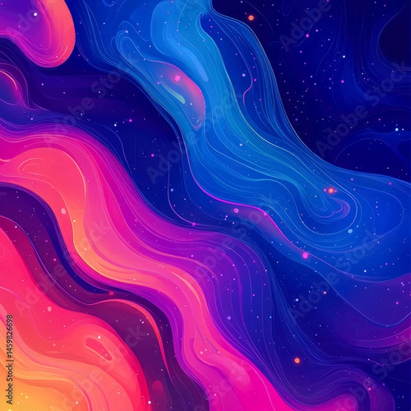 Fototapeta Vibrant abstract waves of neon color flow across a cosmic starry background. Digital art, technology, design, or futuristic-themed creative projects.