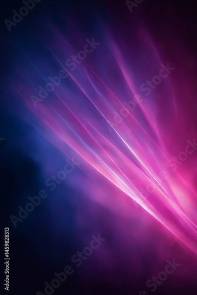 Fototapeta Ethereal purple and pink godrays fanning diagonally from lower left, blending into dark background with soft haze and mystical feel Generative AI