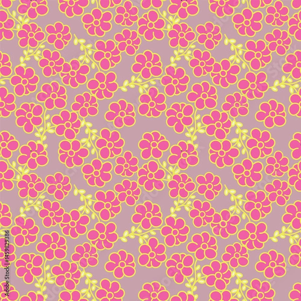 Fototapeta Cute feminine seamless watercolor pattern with little tiny wildflowers, hand drawn
