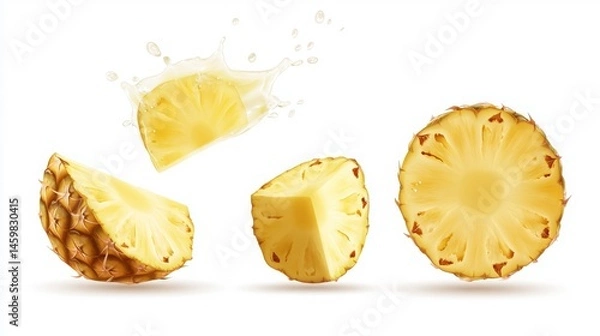 Fototapeta Vibrant Pineapple Slices with Juice Splash on White Background for Summer