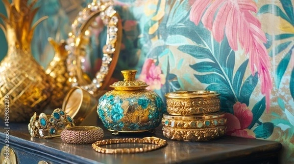 Obraz Gold jewelry and accessories are arranged on a dresser next to a colorful wall.

