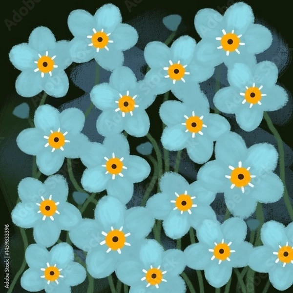 Obraz Seamless floral pattern with cute blue flowers on a dark green background.