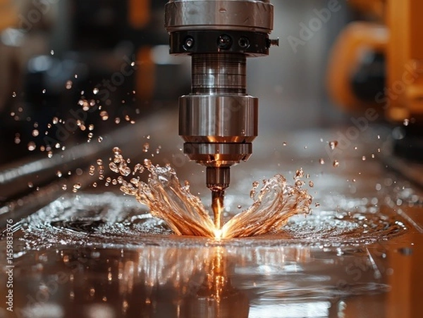 Fototapeta Close-up of high-precision metal cutting with water coolant, showcasing sparks and splashing liquid