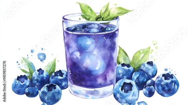 Obraz Watercolor illustration of non-alcoholic drinks on white background. Watercolor Illustration of Blueberry Juice.