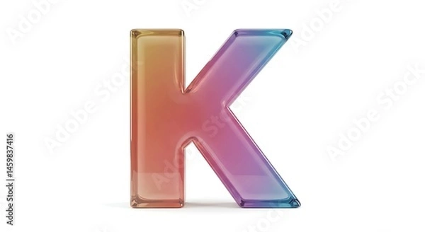 Fototapeta A 3D realistic sculpture of the letter K made of translucent colored glass, soft reflections and shadows, isolated on a white background