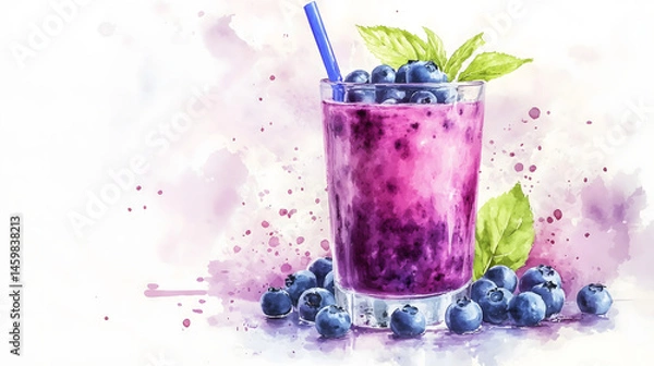 Obraz Watercolor illustration of non-alcoholic drinks on white background. Watercolor Illustration of Blueberry Juice.