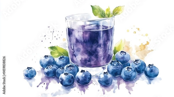 Obraz Watercolor illustration of non-alcoholic drinks on white background. Watercolor Illustration of Blueberry Juice.