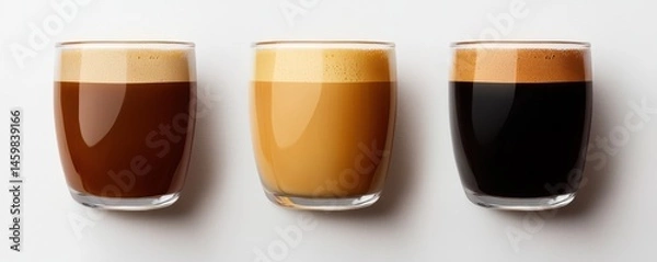 Obraz Three glasses of coffee with different shades and crema sit side by side on a white surface.