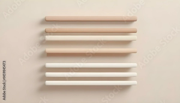 Fototapeta An elegant arrangement of parallel shelves in various shades of beige and white.