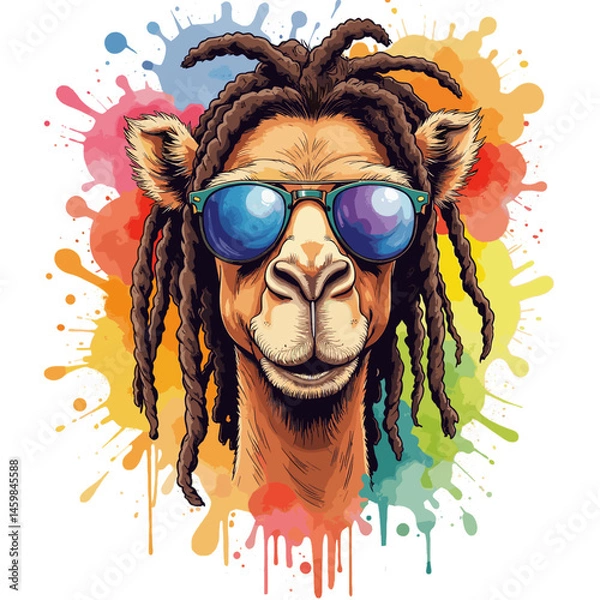 Obraz Camel with dreadlocks and sunglasses on a transparent background, vector illustration