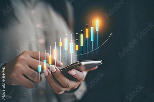 Fototapeta A businessperson analyzing Stock Market Data on Smartphone with Digital Candlestick Chart Visualization.
