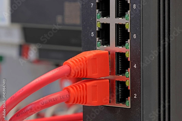 Obraz Ethernet data switch with connected cables with Rj45 connector. 