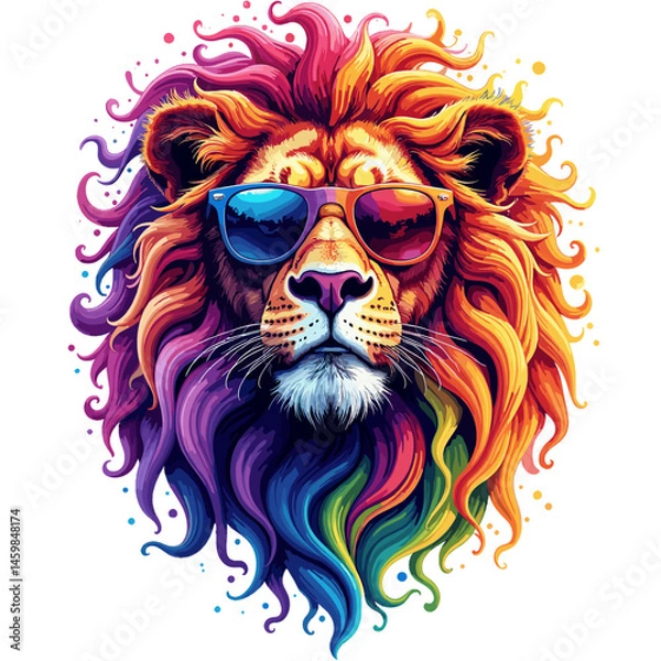 Obraz Colorful lion with sunglasses and a vibrant mane on a transparent background, vector illustration
