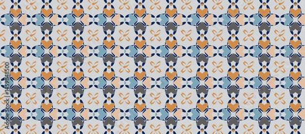 Fototapeta Moroccan-inspired repeating floral pattern with geometric tessellation in muted orange-brown, peach, dusty blue, dark gray, and navy