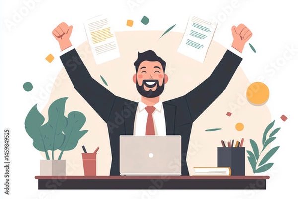 Obraz man in a suit is celebrating with his hands in the air. He is smiling and he is happy. Concept of accomplishment and success