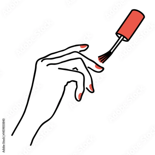 Fototapeta The lady does a manicure, paints her nails with varnish. Silhouette of female hands in a modern one line style. Solid line, aesthetic outline for decor, posters, stickers, logo. Vector illustration.