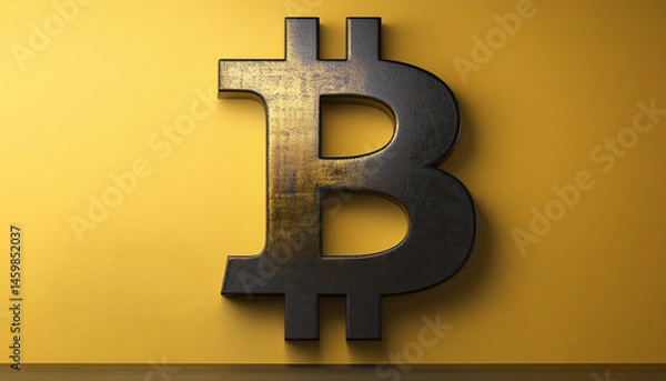 Fototapeta Large Bitcoin symbol metallic finish against vibrant yellow background creates striking visual. image conveys sense of modern finance and digital