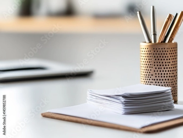 Fototapeta A professional workspace a minimalist desk featuring a small stack of documents a simple pen holder, captured under clean, bright