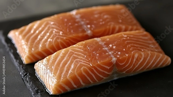 Fototapeta A realistic close up of a fresh salmon fillet with glistening deep color soft directional