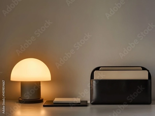 Fototapeta A refined workspace setup a soft-glow desk lamp a black leather organizer, blending modern aesthetics functionality artistic lighting, Clean, minimal,