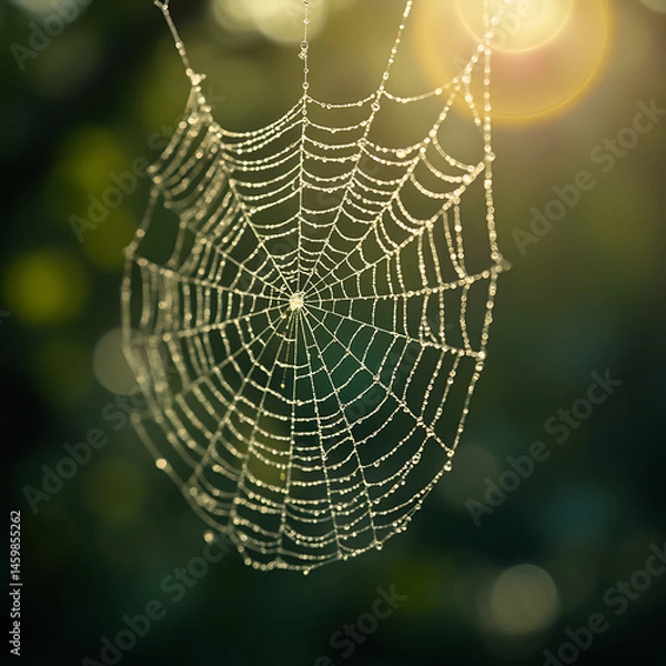 Obraz A delicate spider web covered in dew drops glistens in soft morning or evening light. The intricate details and bokeh background create a mystical atmosphere.