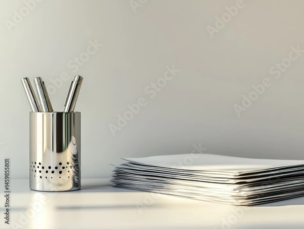 Fototapeta A simple yet modern office desk featuring a stack of documents a polished pen holder, neutral lighting enhancing the minimalistic