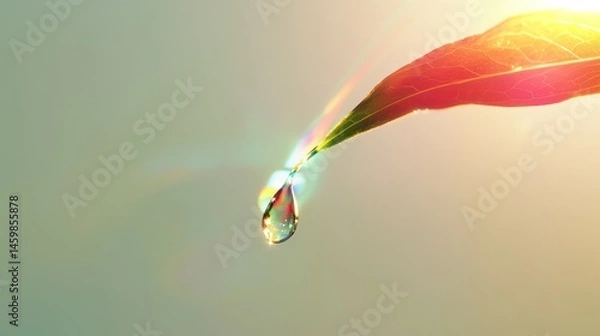 Fototapeta A single dewdrop delicately hanging from the tip of a leaf soft light refracting through it creating a prism of colors