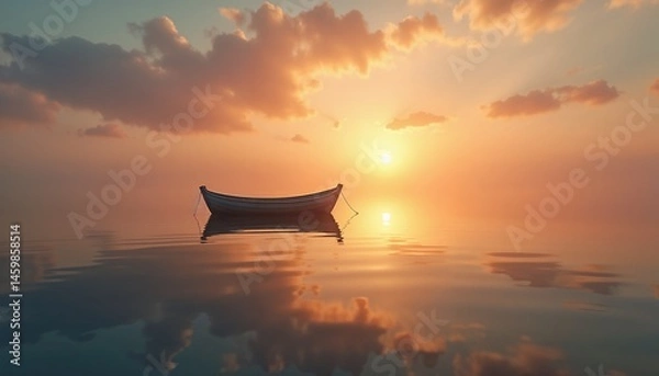 Obraz Small boat floating on calm sea during golden sunset