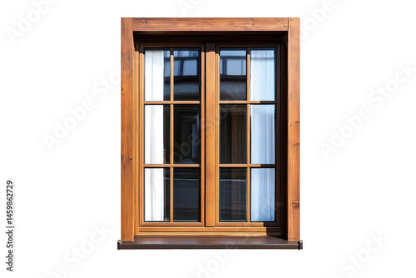 Fototapeta A close up of a wooden framed window with curtains and a dark background on a sunny day outside