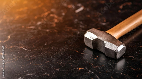 Fototapeta Sturdy hammer rests on polished black surface, showcasing its metallic head and wooden handle, evoking sense of craftsmanship and strength