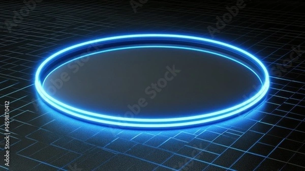 Fototapeta Glowing round digital blue interface on dark grid background with mock up place. HUD, innovation, digital transformation and data concept. 3D Rendernig illustration , no logos, no brands