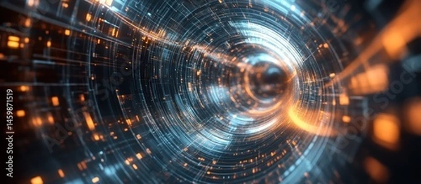 Fototapeta Abstract futuristic tunnel with glowing orange and blue lines.