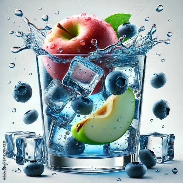 Obraz Fresh Apple and Blueberry Splash in Glass with Ice Cubes – Healthy Fruit Water Concept