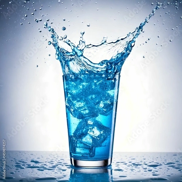 Obraz Powerful Splash of Blue Iced Beverage in Tall Glass on White Background