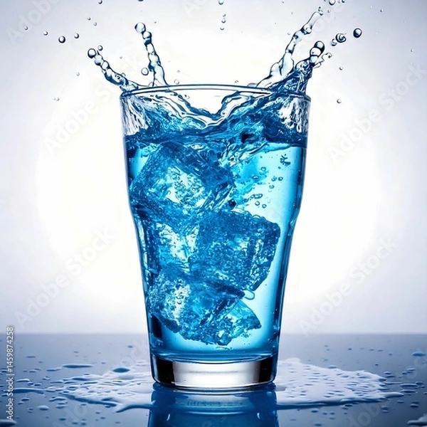 Obraz Blue Beverage Splash with Floating Ice Cubes on Light Background