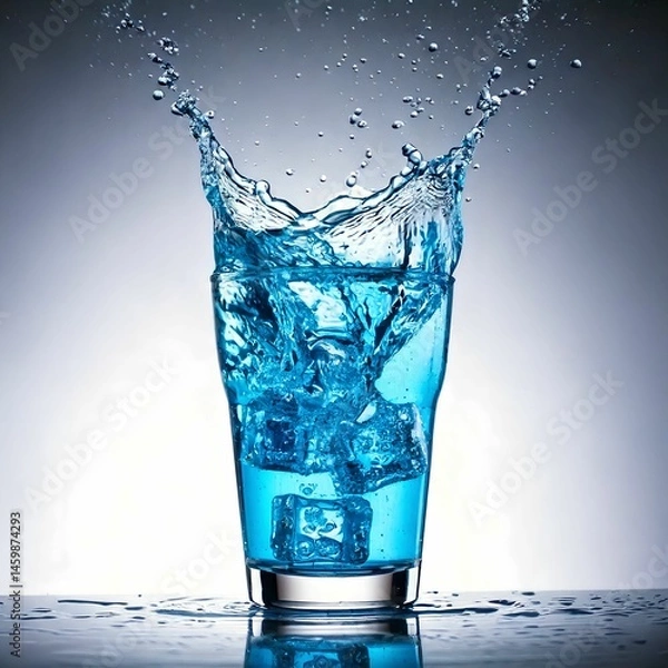 Obraz Blue Drink Splash with Ice Cubes in Tall Glass on White Background