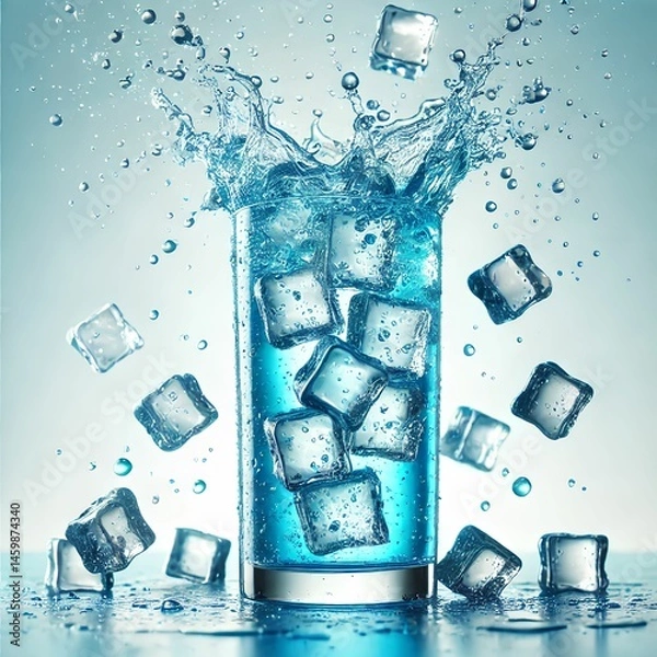 Obraz Blue Energy Drink Splash with Ice Cubes in Glass on Cool Background