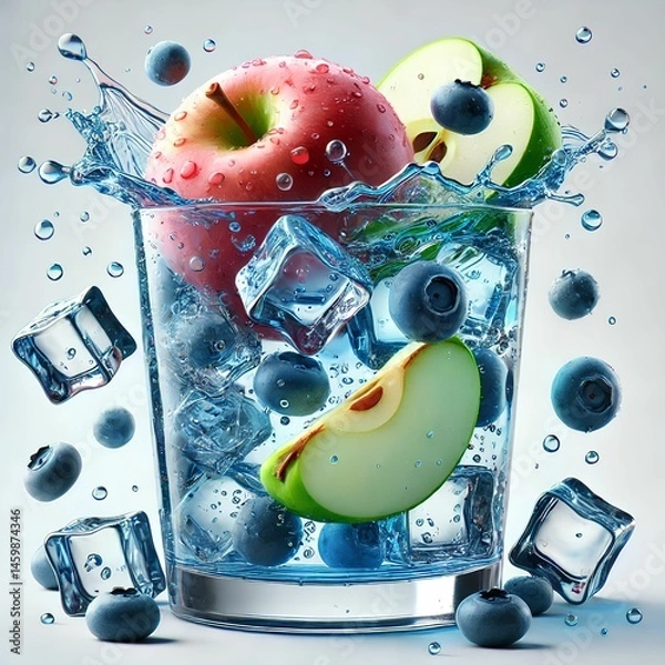 Obraz Apple and Blueberry Sparkling Water Splash with Ice Cubes in Glass